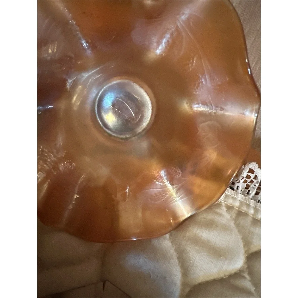 vintage Fenton carnival glass hat‎ vase in a marigold (iridescent orange) color.